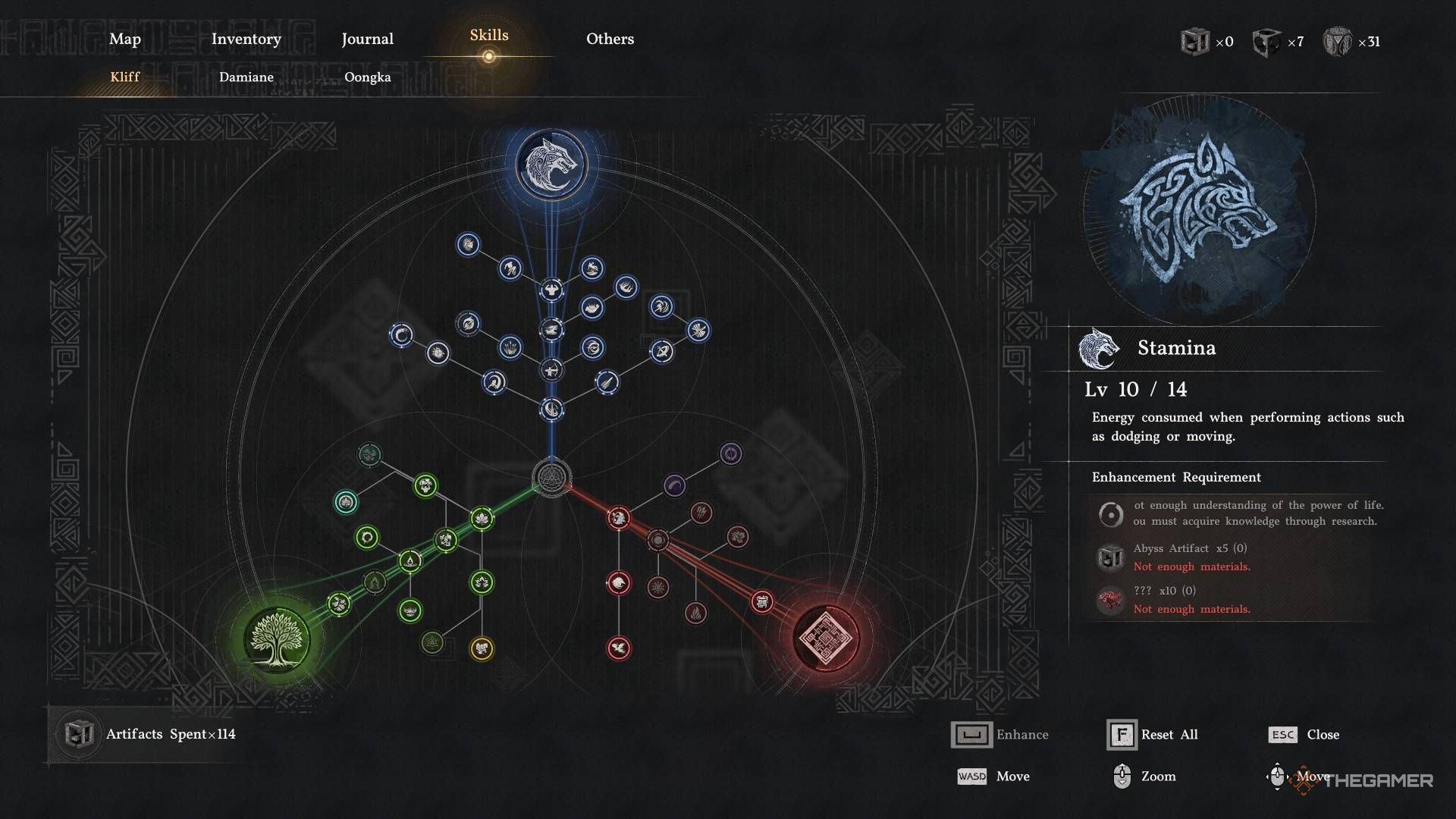 Kliff's skill tree showing Stamina, Health, and Spirit branches