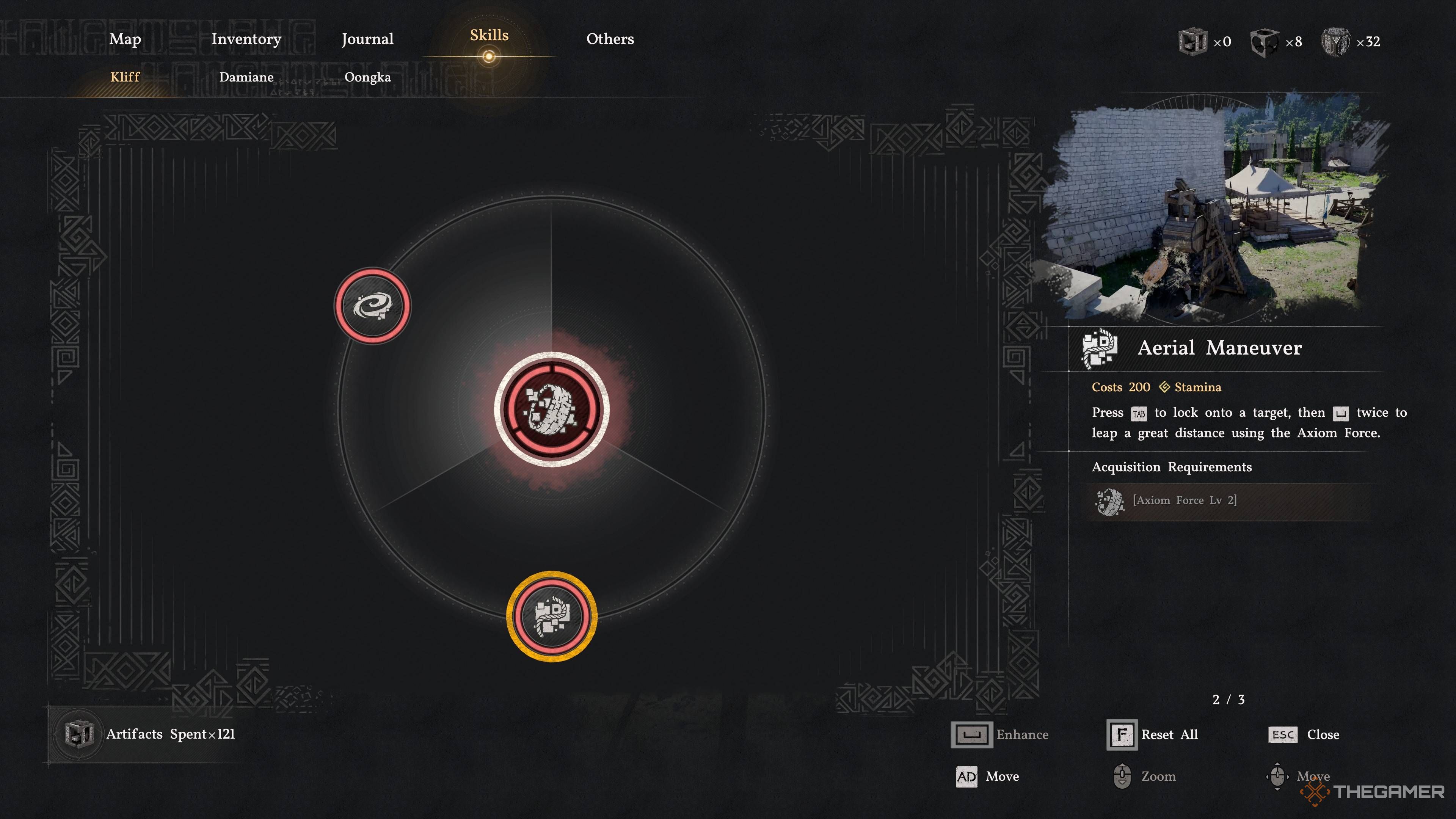 Axiom Force skill tree showing Aerial Swing and Aerial Maneuver
